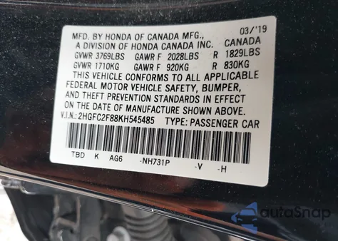 2019 Honda Civic Sport from USA, damaged, VIN 2HGFC2F88KH545485